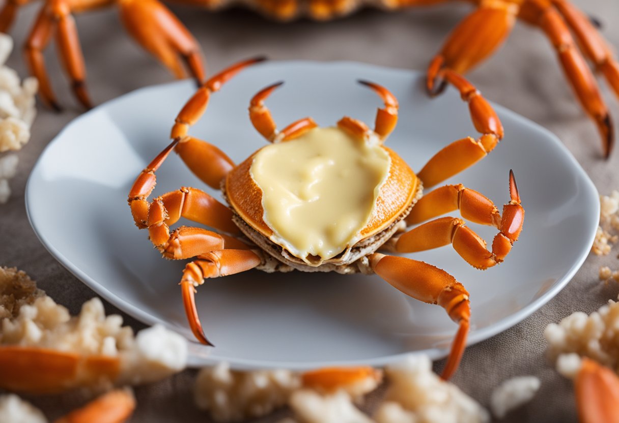 A crab shell cracked open, revealing vibrant orange crab butter inside