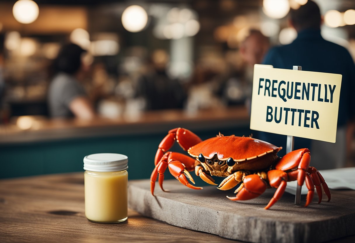 A red crab holds a sign that reads "Frequently Asked Questions about crab butter" with curious onlookers in the background