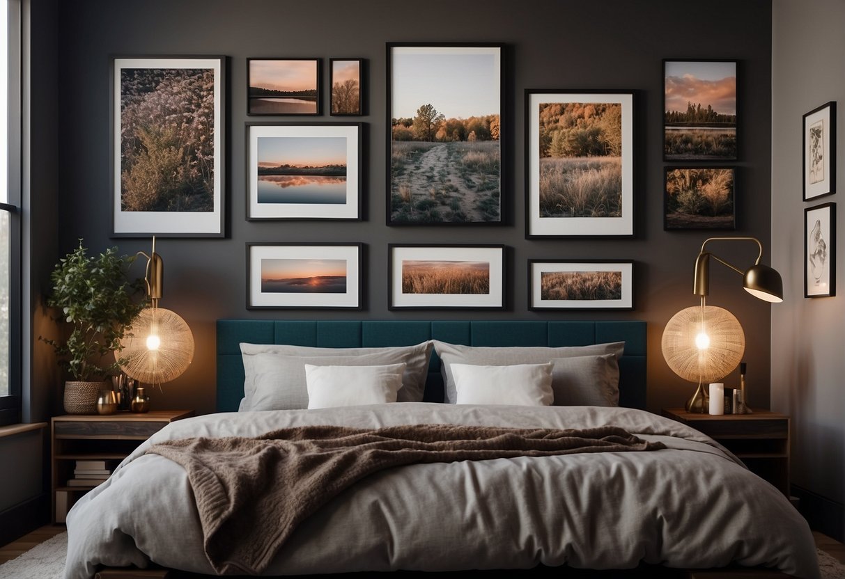 A bedroom with various wall decor including framed art, mirrors, shelves, and tapestries. Colors and styles vary, creating a visually interesting and personalized space