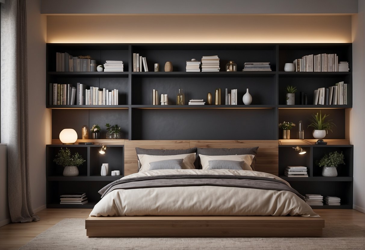 A bedroom with unique shelving and storage solutions, showcasing creative wall decor ideas