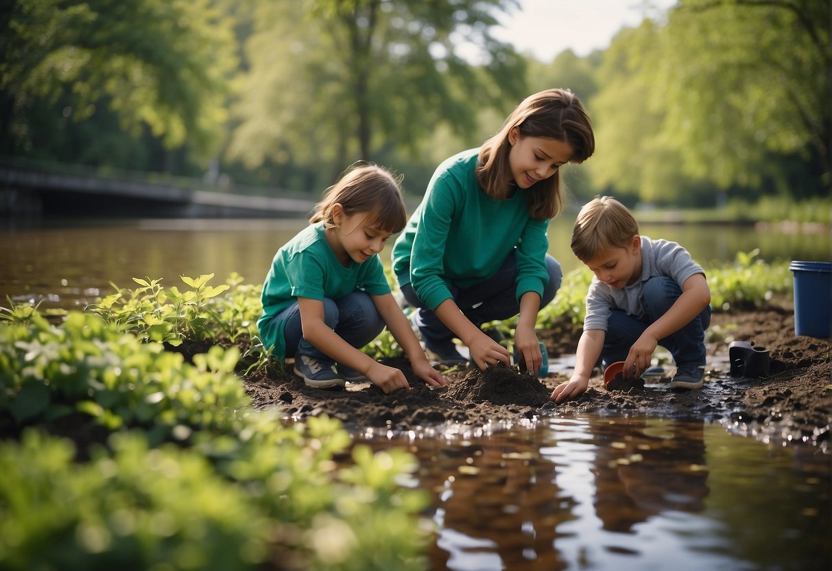 Children planting trees by a river, while others clean up trash. A group tests water quality, while another paints a mural for public awareness