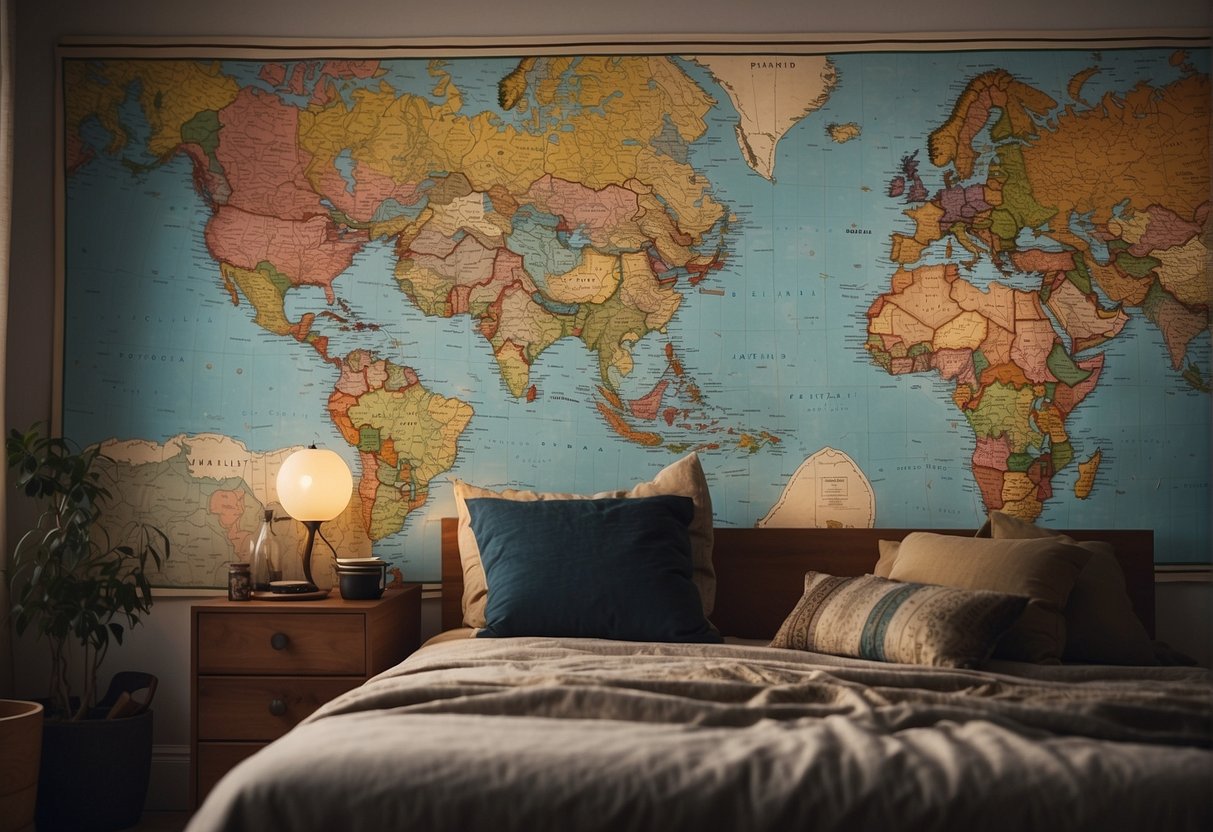 A world map with vintage travel posters, colorful tapestries, and cultural artifacts adorning the walls of a cozy bedroom