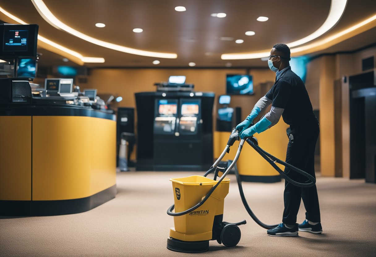 A cleaning operator is seen working in a local cinema during the day. The scene is bright and bustling with activity