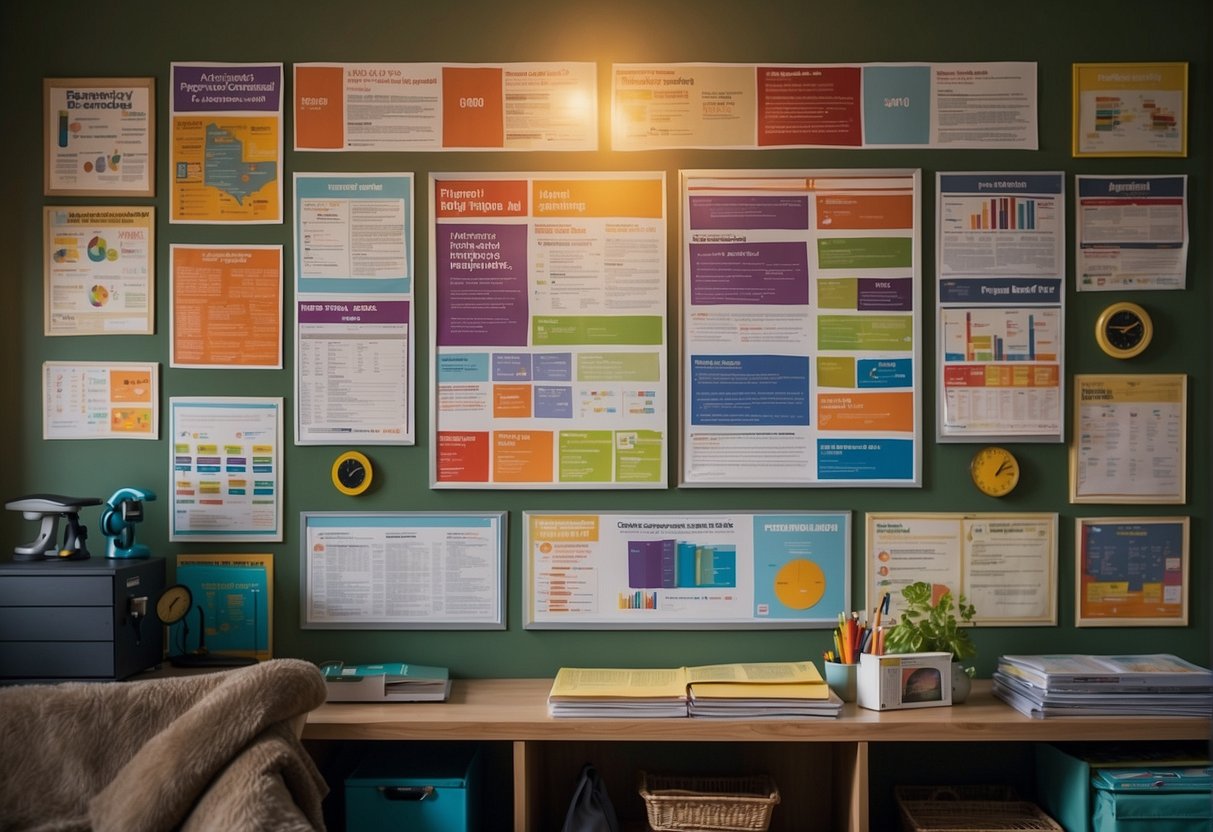 A colorful and organized display of educational posters and charts covering the bedroom wall, creating a visually stimulating and informative learning environment