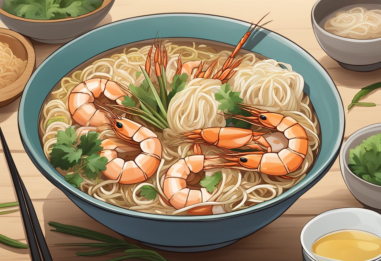 A steaming bowl of East Coast Prawn Mee sits on a wooden table, surrounded by fresh prawns, noodles, and aromatic broth