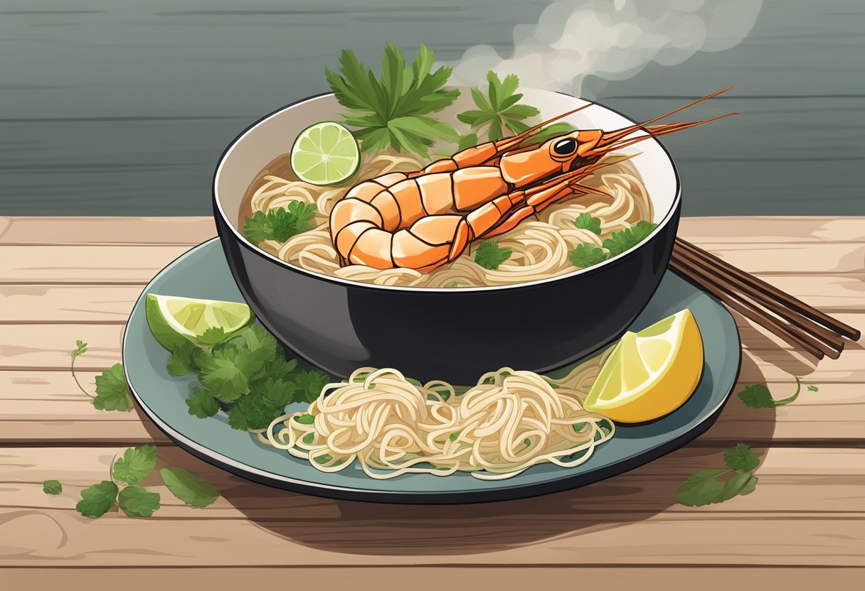 A steaming bowl of East Coast Prawn Mee sits on a rustic wooden table, filled with succulent prawns, noodles, and a fragrant broth, garnished with fresh herbs and a squeeze of lime