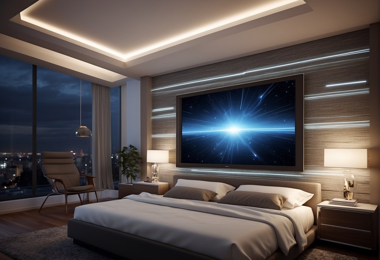 A bedroom wall adorned with various technological elements, such as digital frames, smart lighting, and interactive displays, seamlessly integrated into the decor