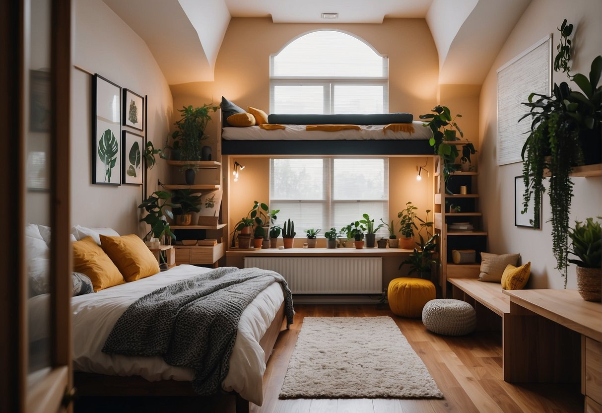 A cozy bedroom with a loft bed, built-in shelves, and hanging plants. Bright colors and geometric patterns adorn the walls, creating a sense of space