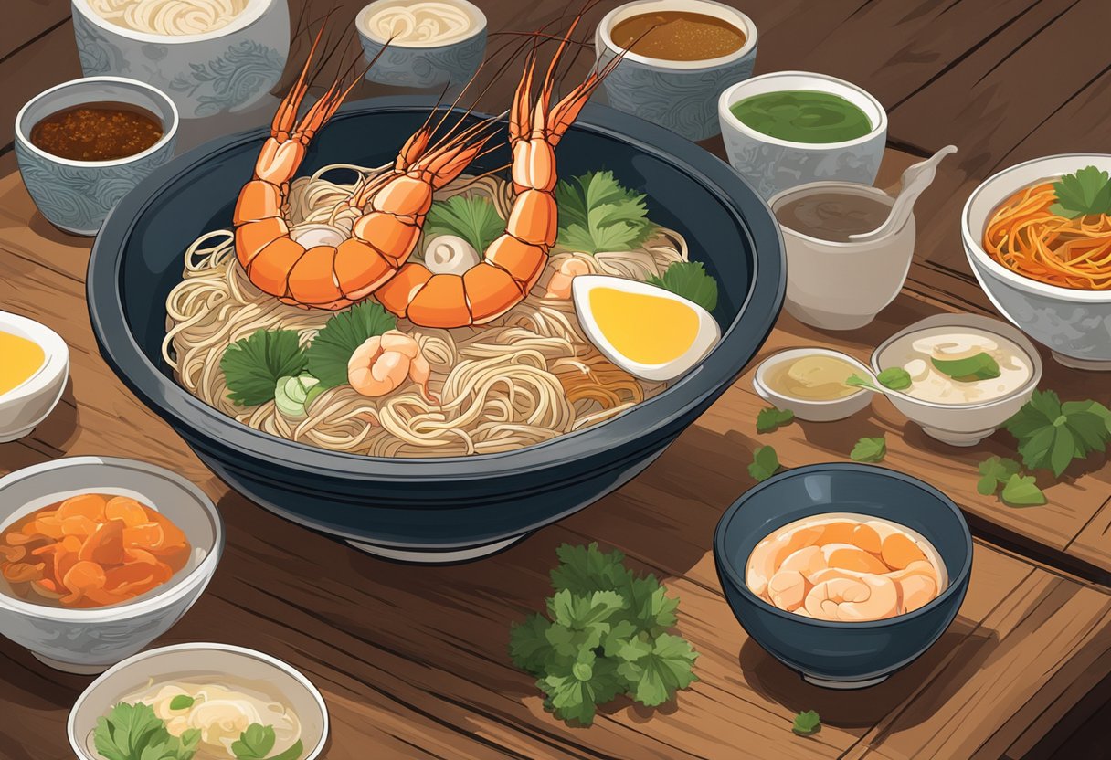 A steaming bowl of prawn mee sits on a rustic wooden table, surrounded by condiments and utensils. The rich broth and succulent prawns create an inviting aroma