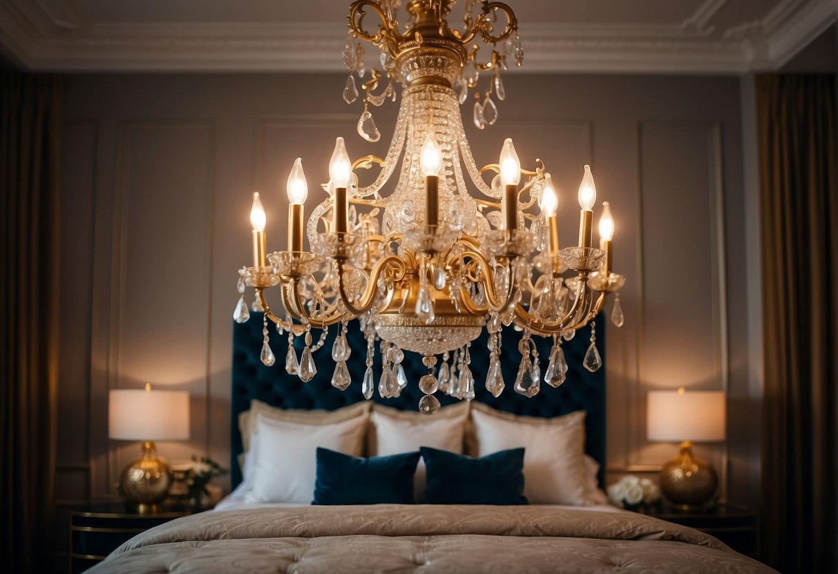 A grand chandelier hangs above a plush velvet headboard, adorned with gilded mirrors and ornate sconces, creating an opulent and luxurious bedroom wall decor