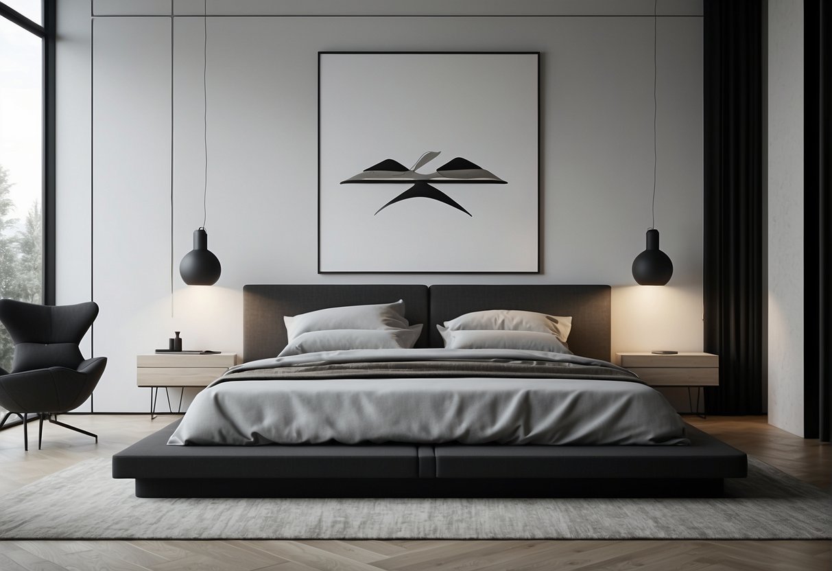 A sleek, minimalist bedroom with monochromatic wall art, clean lines, and modern furniture