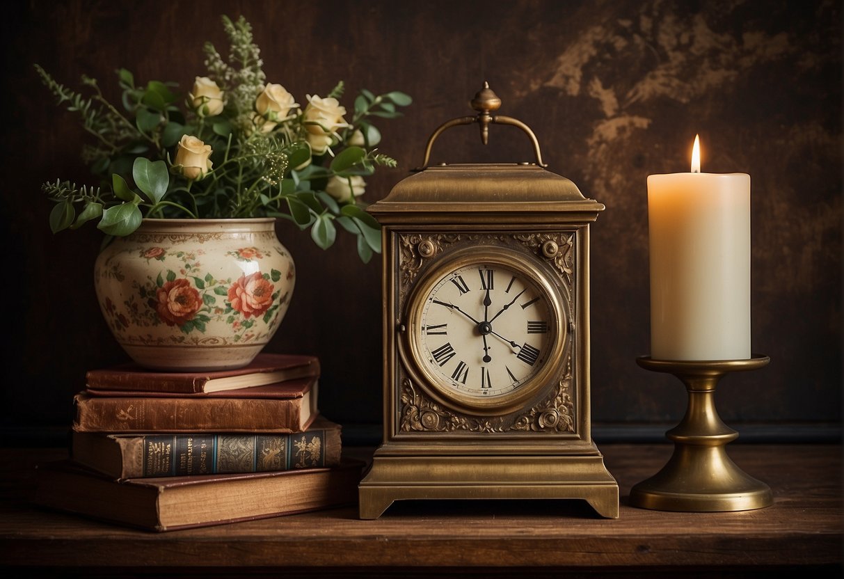 A vintage clock hangs above a distressed wooden shelf adorned with antique books and a brass candle holder. A floral tapestry adds a pop of color to the wall, creating a classic and timeless ambiance