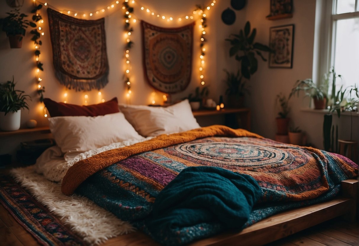 A cozy bedroom with tapestries, dreamcatchers, and string lights. Colorful rugs and floor pillows create a relaxed, bohemian atmosphere