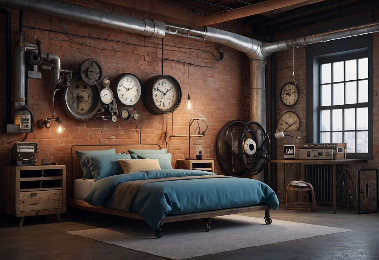 The bedroom wall is adorned with industrial elements like exposed pipes, metal gears, and vintage signage for a trendy edge