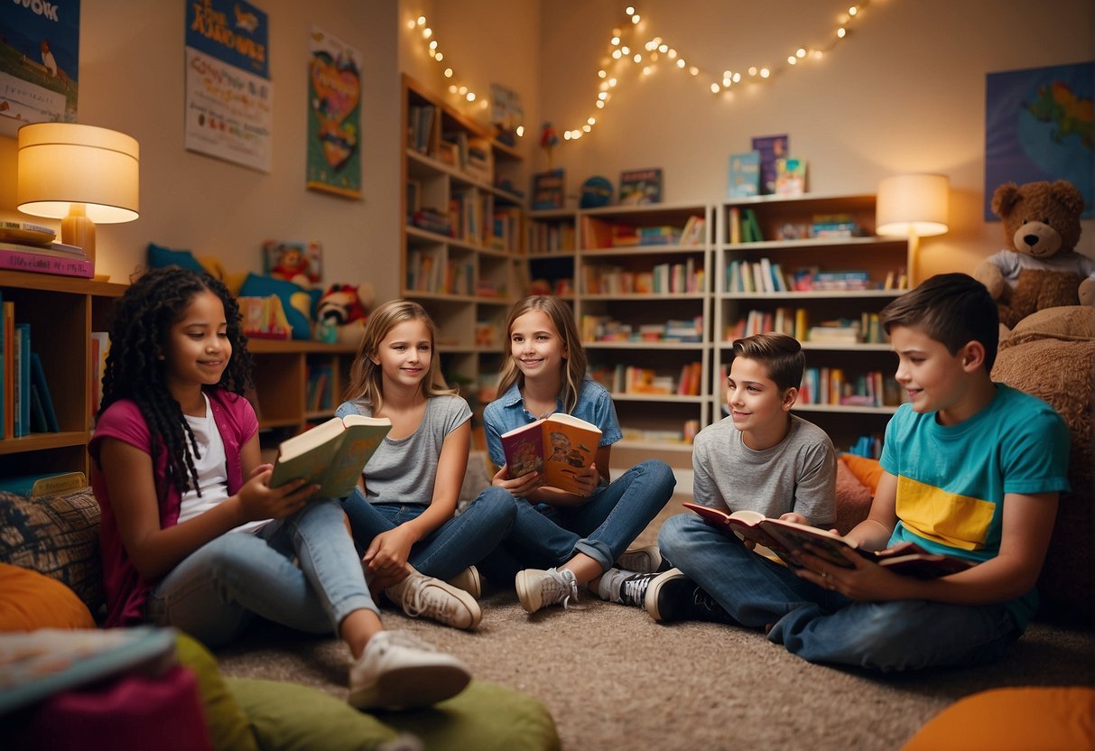 A group of 5th and 6th graders gather around a colorful and inviting reading nook, filled with books, cushions, and cozy lighting. They eagerly participate in engaging literacy activities, such as reading aloud, discussing books, and writing