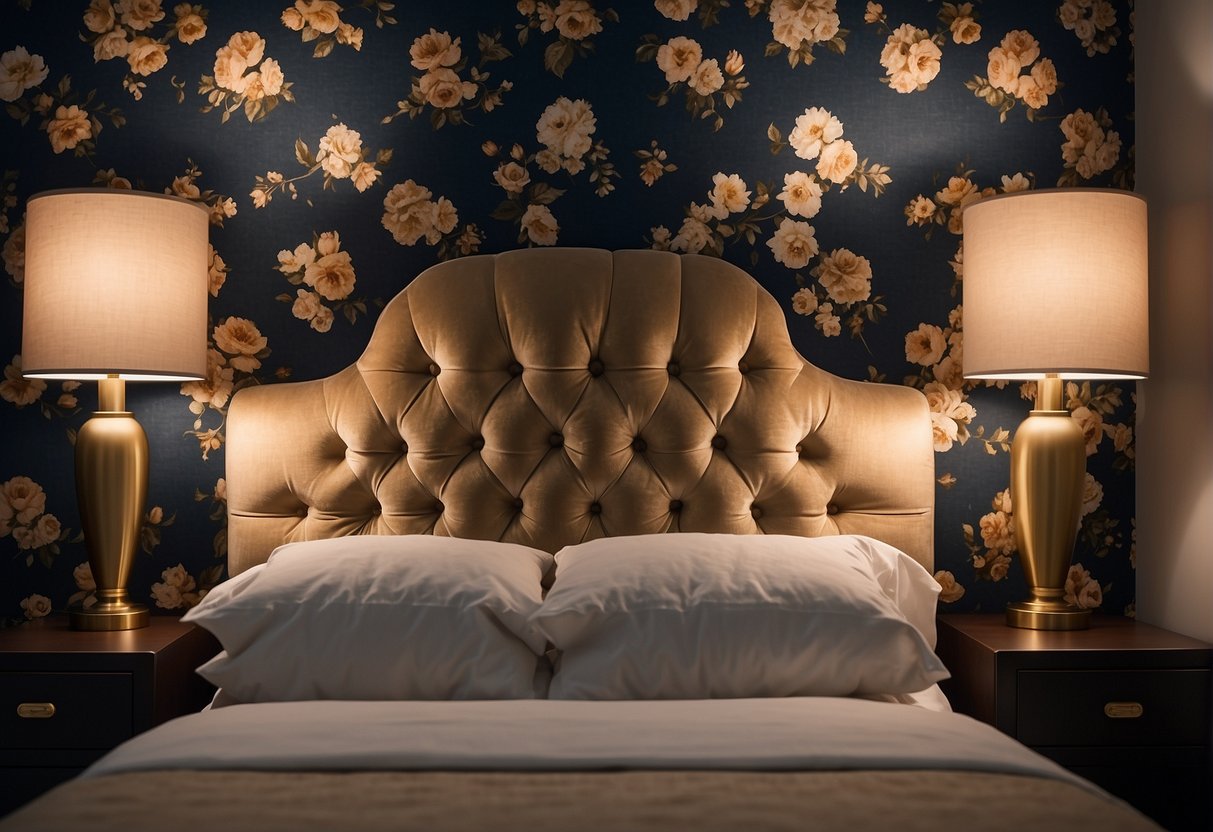 A plush, tufted headboard anchors the room, flanked by soft, glowing sconces. A delicate floral tapestry adorns the wall, accented by a trio of vintage mirrors