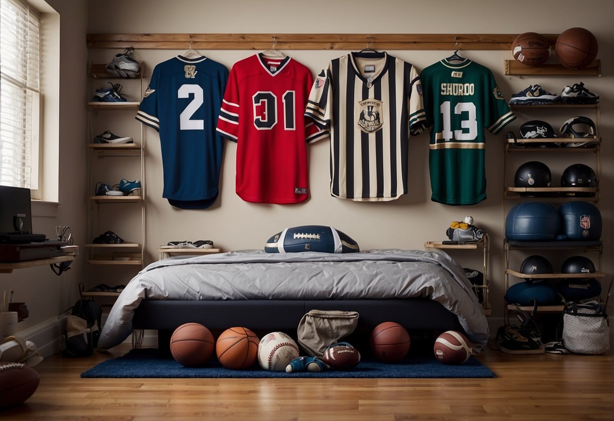 A bedroom wall adorned with various sports and hobby-themed decorations, including framed jerseys, sports equipment, and musical instruments