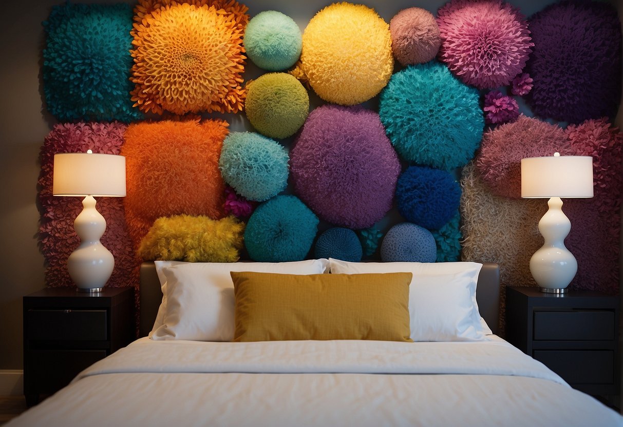 A colorful and interactive wall display featuring playful patterns, shapes, and textures. Bright and vibrant hues create a dynamic and engaging atmosphere for a bedroom