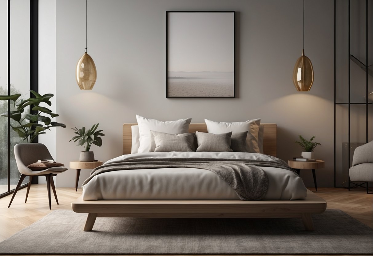 A serene bedroom with simple, modern decor. Clean lines, neutral colors, and minimalist artwork create a calming, uncluttered atmosphere