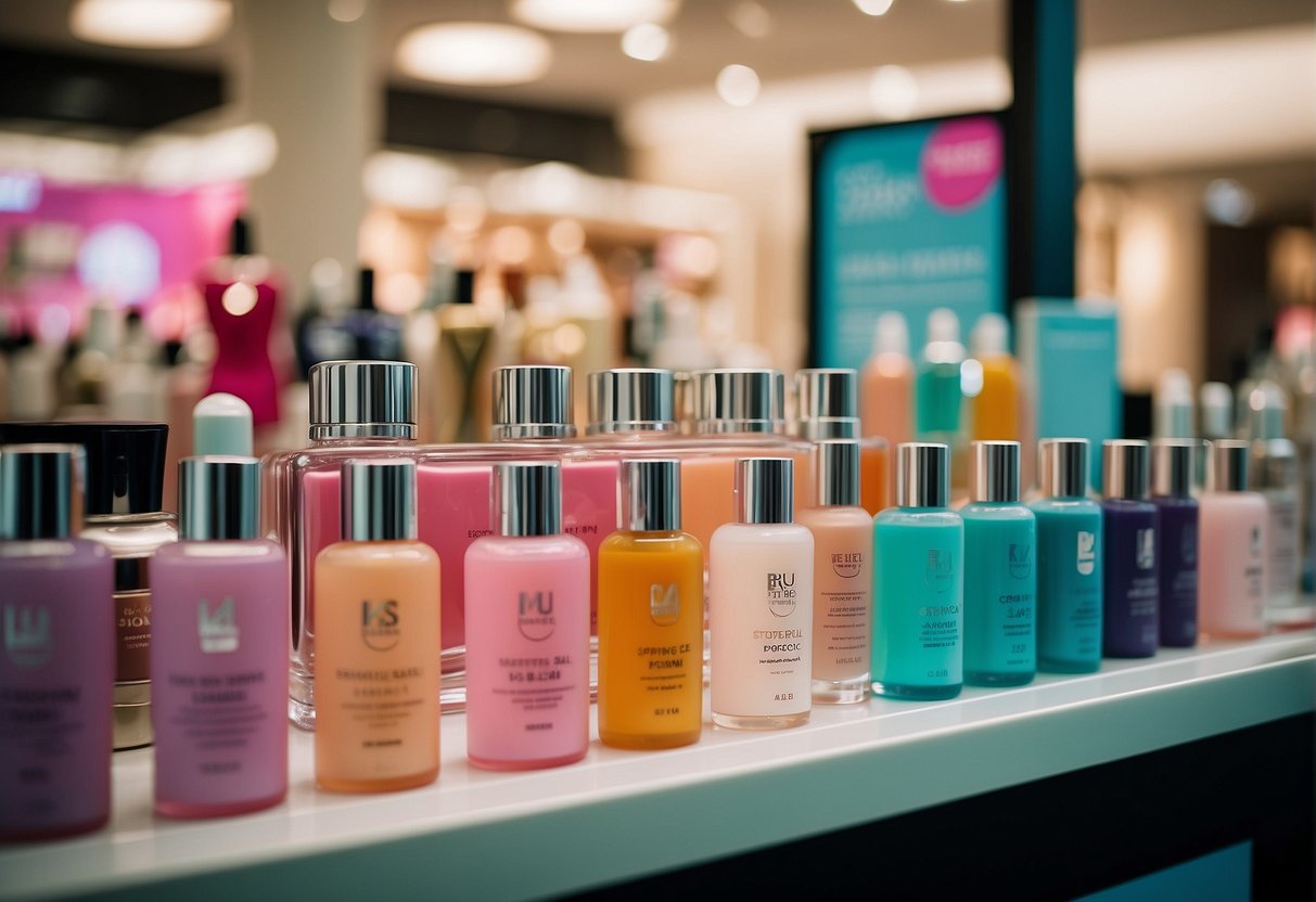 A colorful display of skincare products with "Spring Extravaganza Sale" signage at Beautederm Promotions Singapore