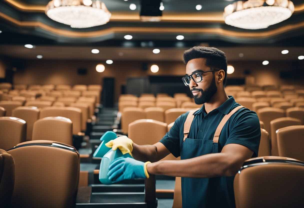 A cleaning operator works diligently in the daytime at a local movie theater, ensuring a spotless environment for patrons. Apply now!