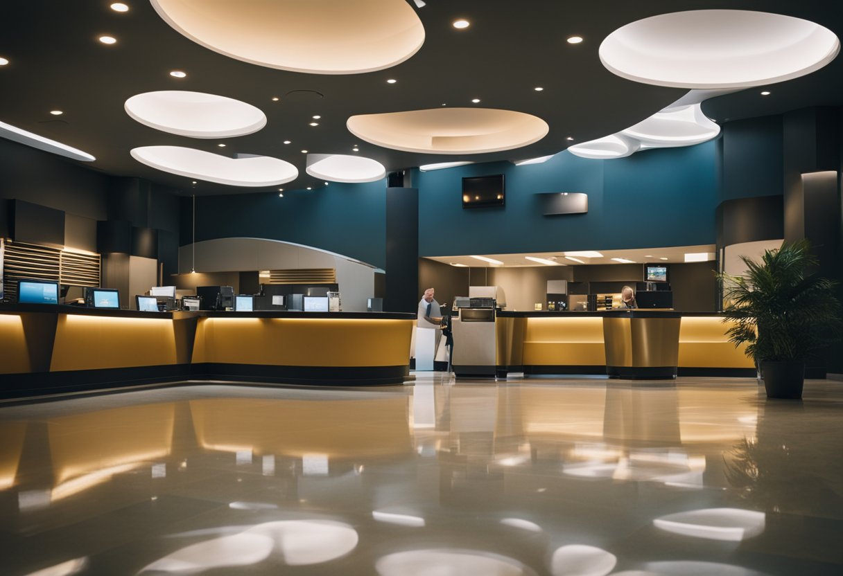 A bright and clean movie theater lobby, with a cleaning operator at work in the daytime