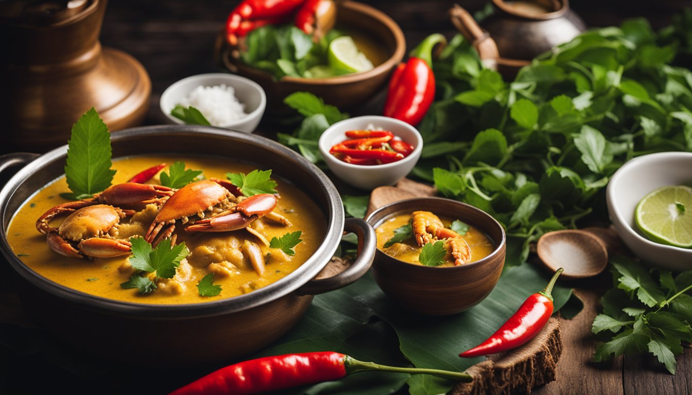 A steaming pot of crab curry, rich with aromatic spices and coconut milk, sits on a rustic wooden table, surrounded by vibrant green curry leaves and red chili peppers