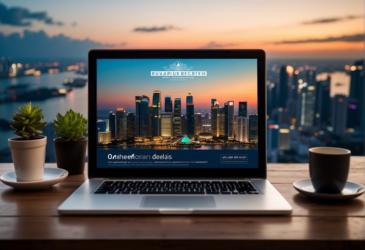 A laptop displaying "Exclusive Online Deals" with the Beautederm logo, surrounded by promotional banners and icons, against a backdrop of the Singapore skyline