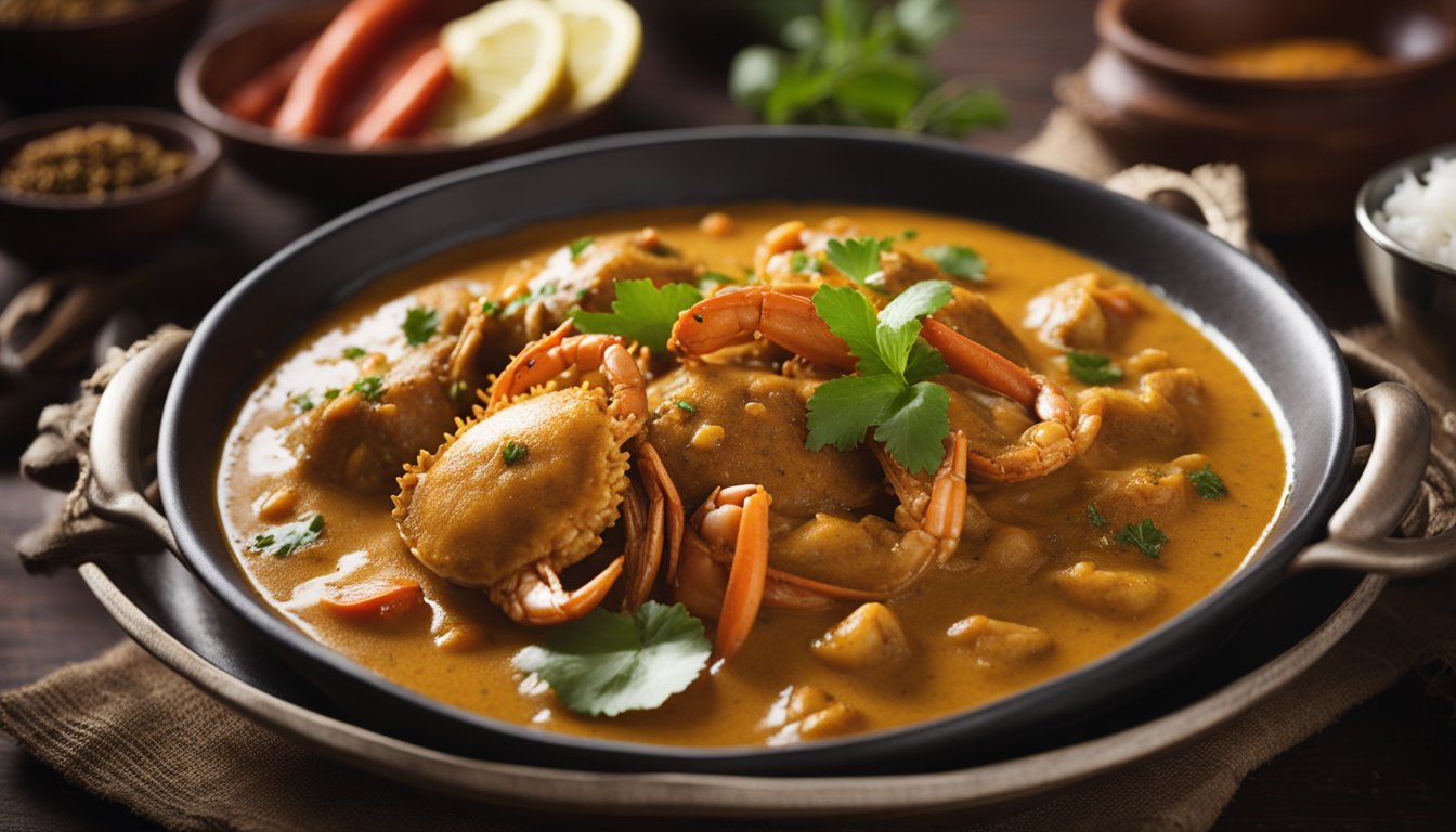 Crab curry simmers in a fragrant blend of spices and coconut milk, with a hint of tangy tamarind, in a traditional Jaffna-style kitchen