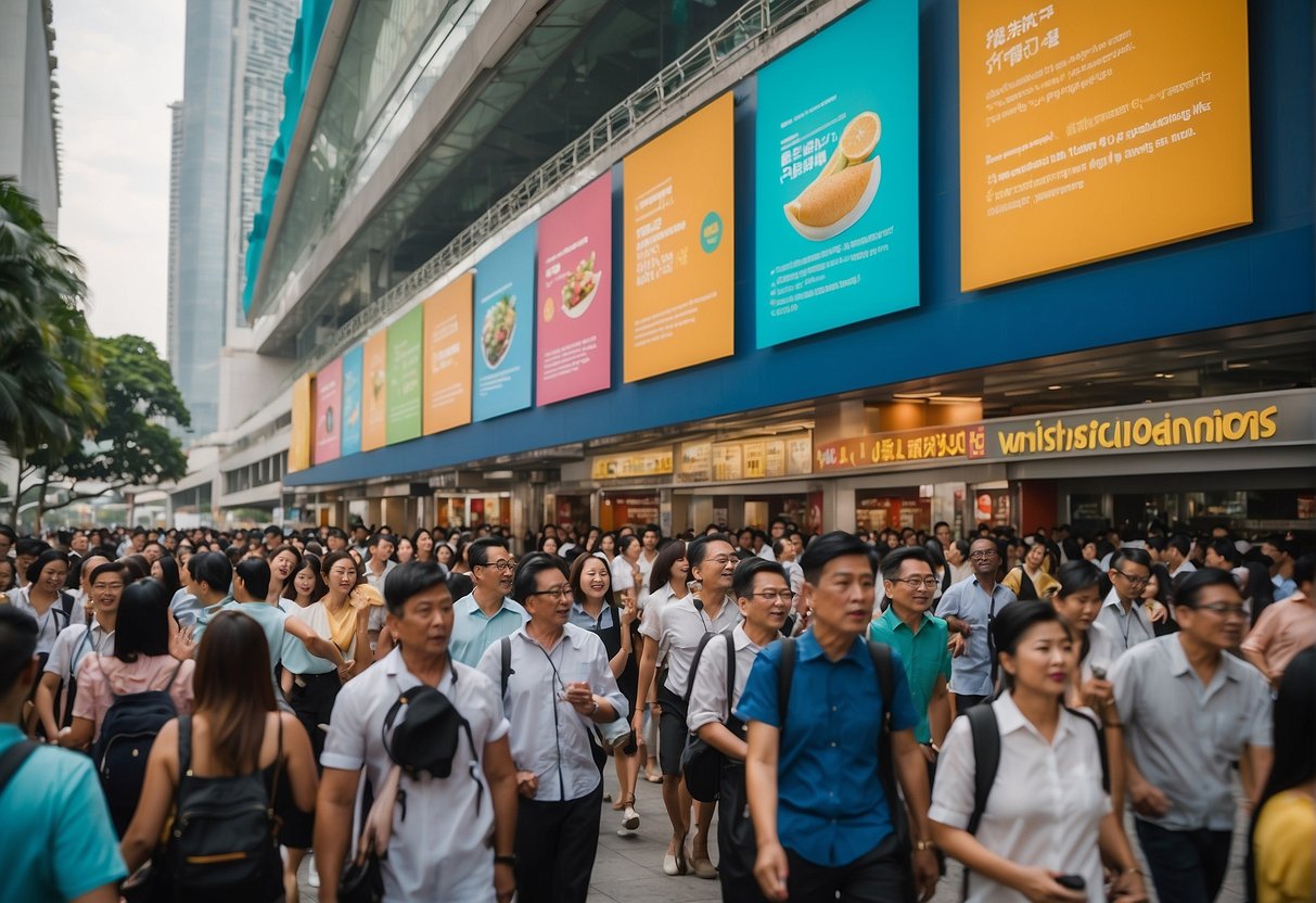 Vibrant 2go promotions in Singapore, featuring colorful banners and lively crowd