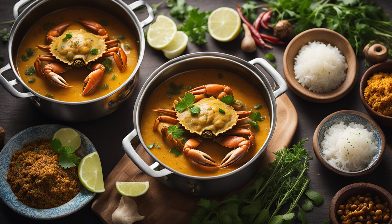 A steaming pot of crab curry, surrounded by aromatic spices and herbs, with a hint of Jaffna's unique flavors