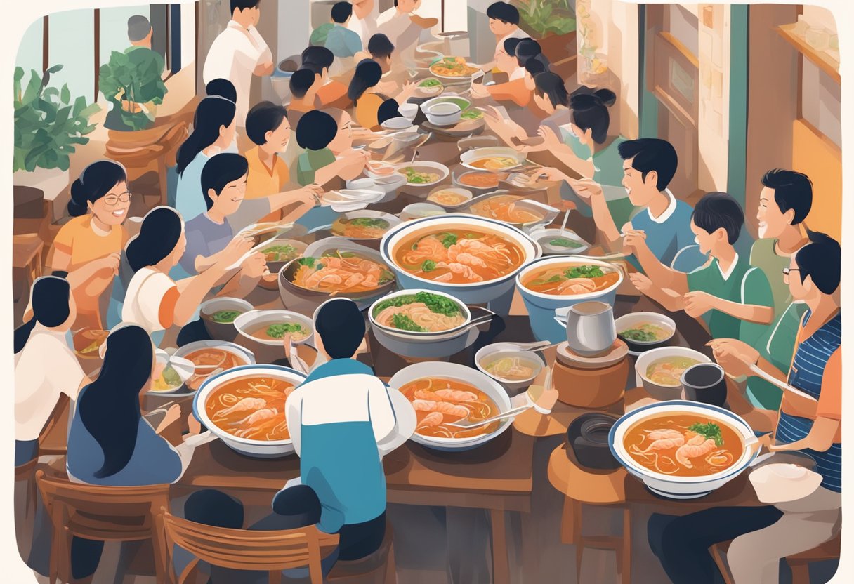 A bustling restaurant with steaming bowls of prawn noodle soup being served to eager diners amid the lively chatter and clinking of utensils