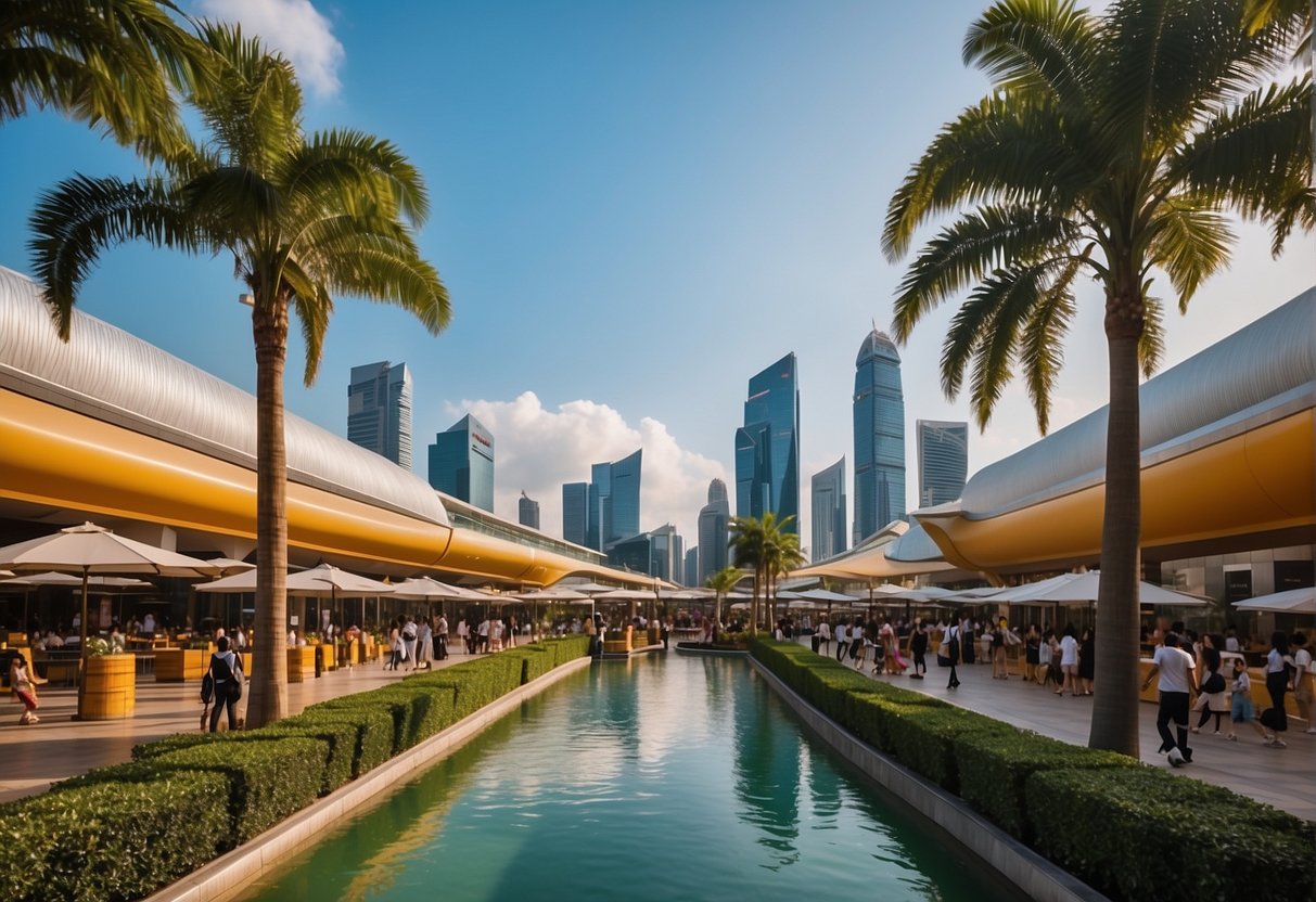 Vibrant Vivo City mall adorned with colorful promotional displays and lively activities, set against the iconic Singapore skyline