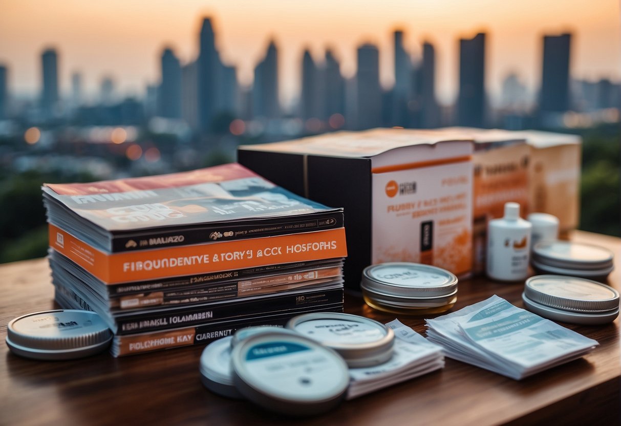 A stack of promotional flyers with the "Frequently Asked Questions" header, surrounded by beauty products and a Singaporean skyline in the background
