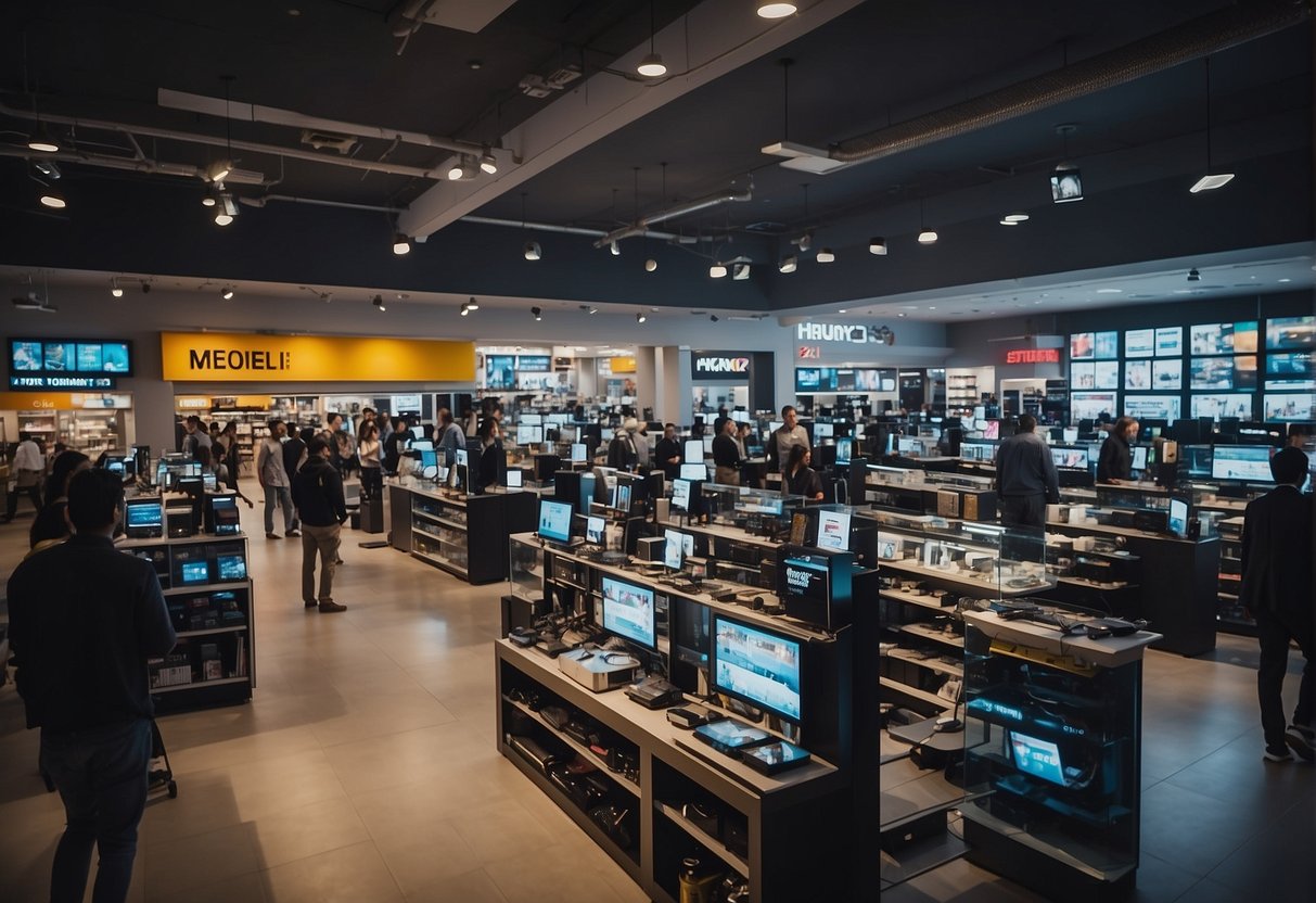 A bustling tech store with bright signage, crowded with eager customers browsing the latest gadgets and electronics. Displays showcasing discounted items and promotional banners hanging from the ceiling