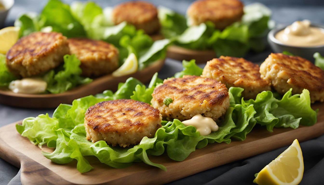 A platter of golden brown crab cakes sits on a bed of fresh lettuce, garnished with a slice of lemon and a dollop of creamy aioli