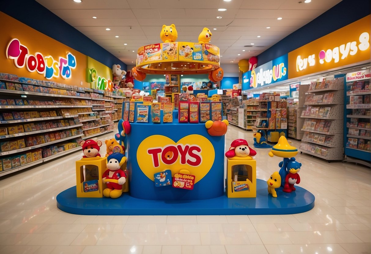 Toys R Us promotions in Singapore: colorful displays of toys, bright signage, excited kids exploring the latest toys, and busy staff assisting customers