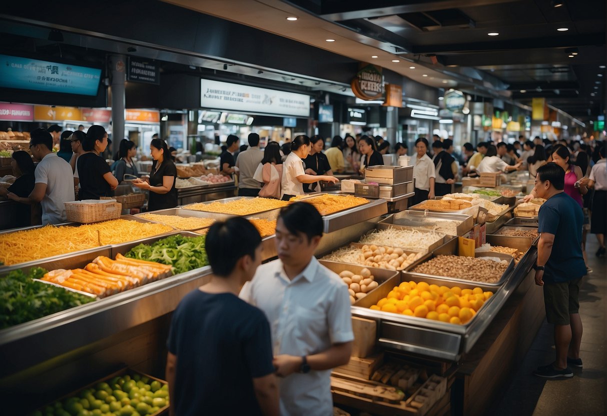 A bustling food market at VivoCity, with colorful stalls and enticing aromas, showcasing the latest gastronomic delights and promotions in Singapore