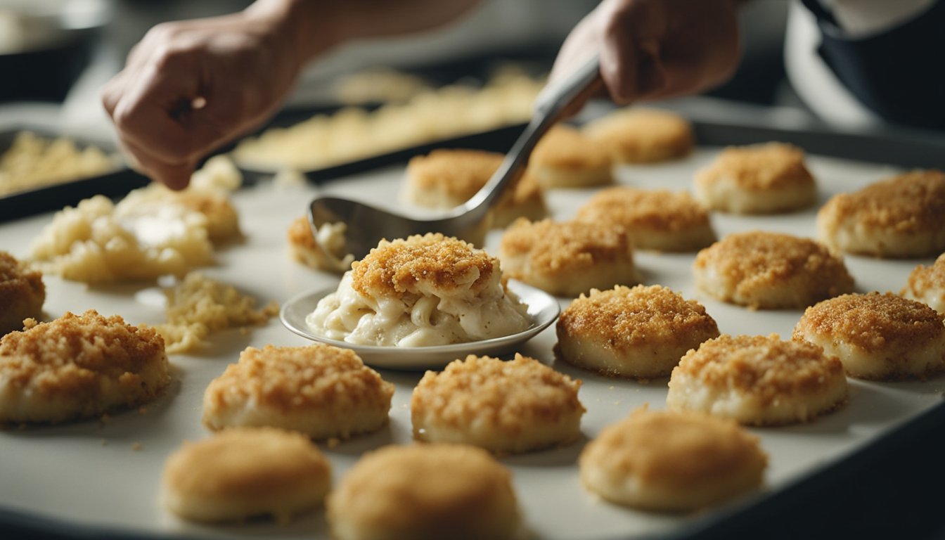 A chef mixes lump crab meat with breadcrumbs, mayonnaise, and spices, then shapes it into patties before frying them to a golden brown