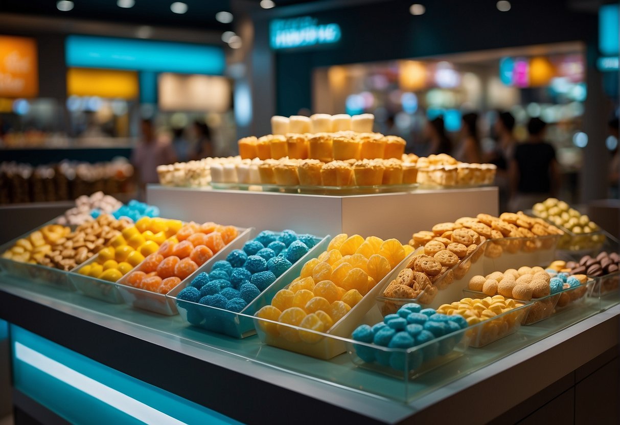 Colorful display of sweets and treats at VivoCity, Singapore. Bright lights and tempting treats fill the storefront, drawing in passersby