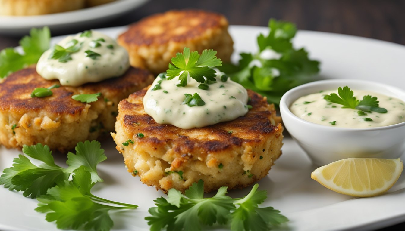 A plate of golden-brown crab cakes sits on a white platter, garnished with a sprig of fresh parsley and a side of tangy remoulade sauce