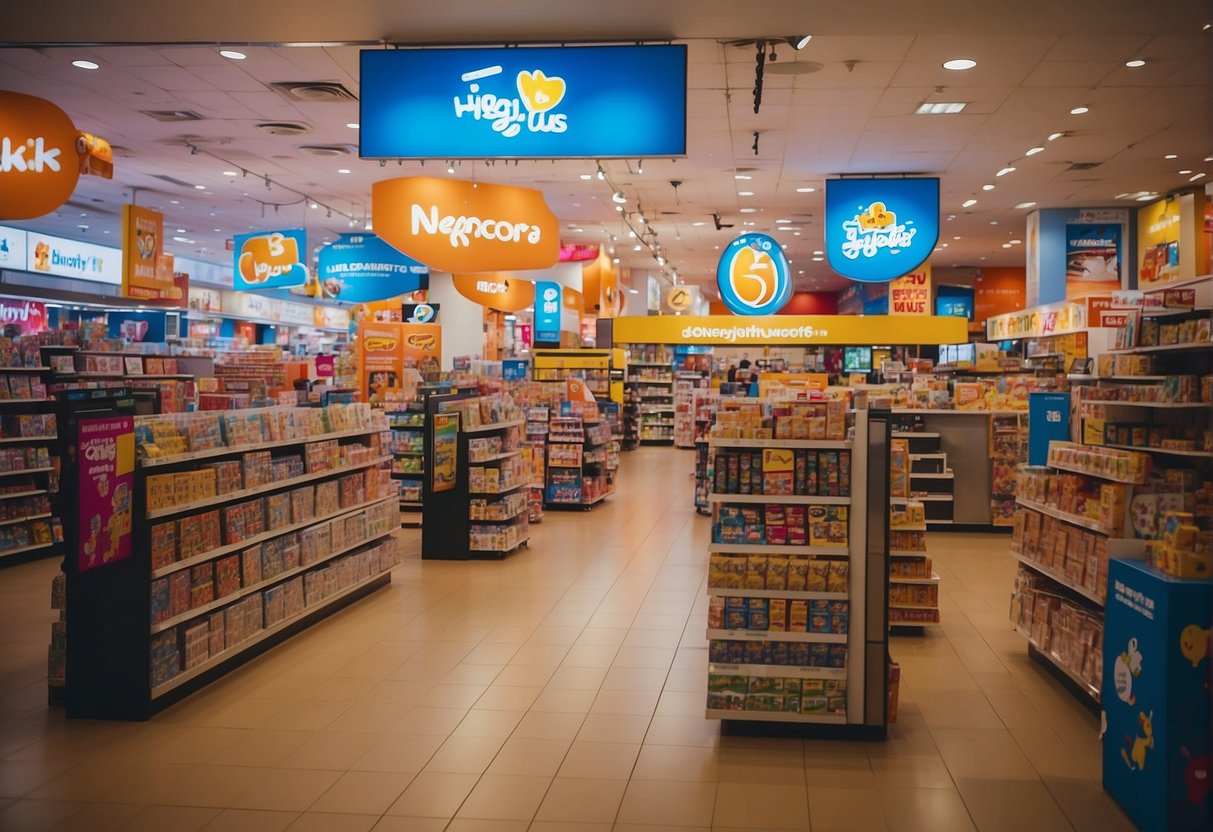 Toys R Us promotions in Singapore: Brightly lit store with colorful displays, large banners advertising discounts, and excited customers browsing aisles