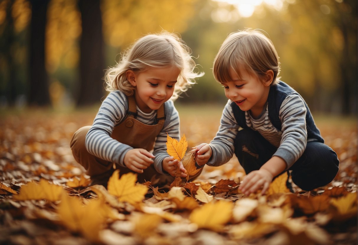 Children playing with colorful leaves, creating sensory bins, and exploring autumn-themed sensory bottles in a cozy indoor setting