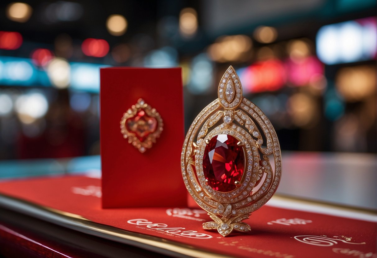 A gleaming jewel sits atop a vibrant red passion card, surrounded by promotional signs in bustling Singapore