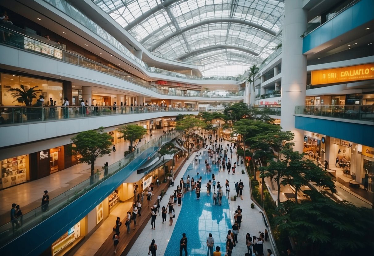 Vibrant Vivo City in Singapore, with colorful promotions and bustling crowds