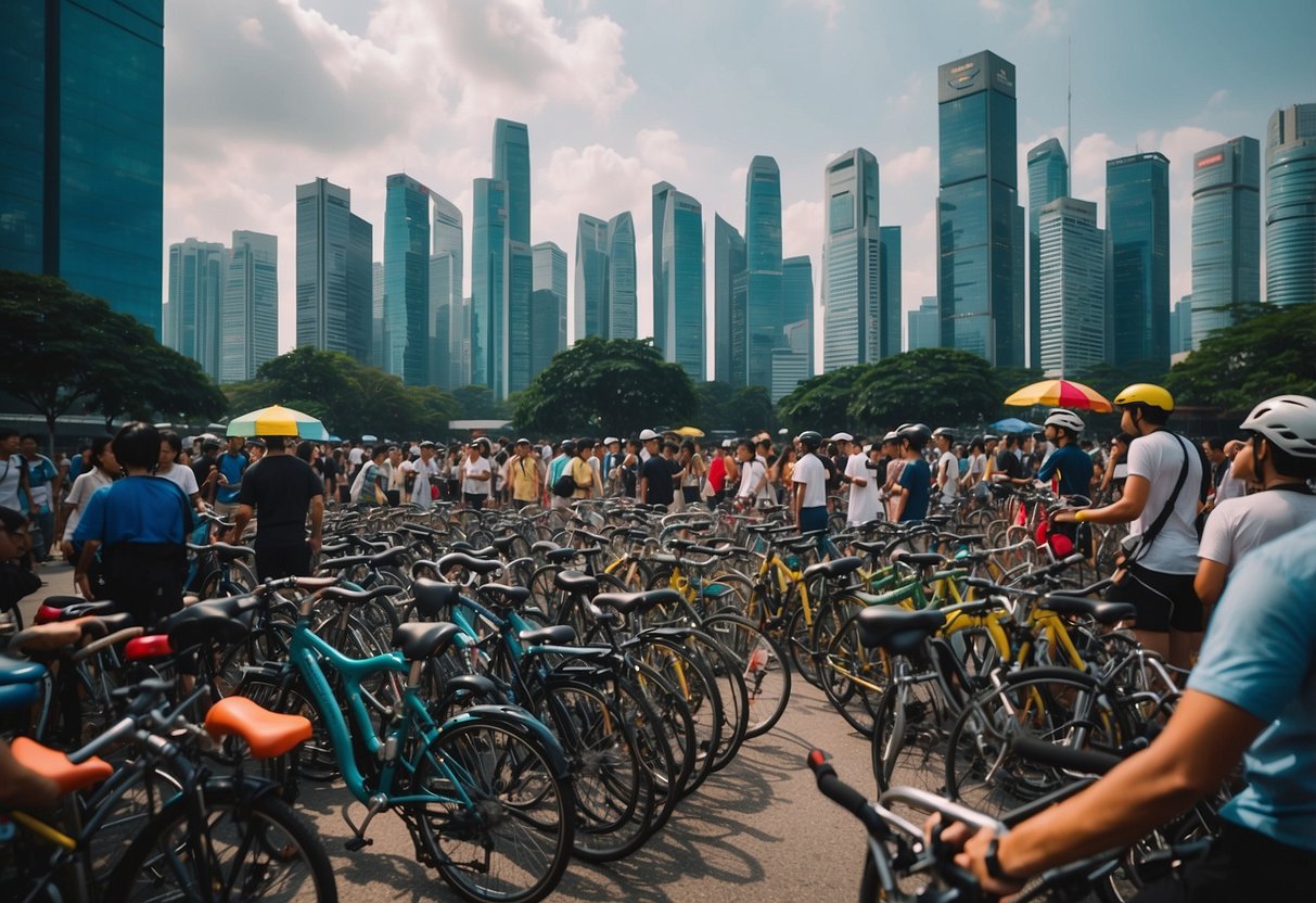 A crowd gathers around a vibrant display of bicycles, adorned with promotional banners and signs, set against the backdrop of Singapore's bustling cityscape