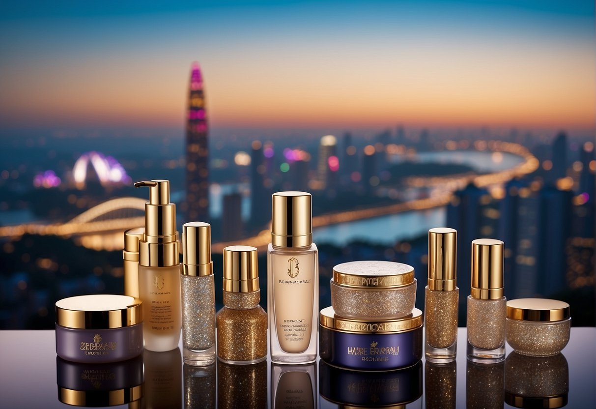 A glittering display of beauty products with the Exclusive Beauty Bargains logo, surrounded by jewel-themed promotions, all set against the backdrop of the iconic Singapore skyline