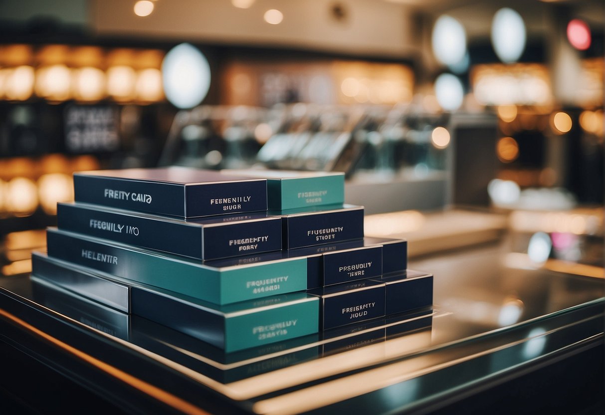 A stack of promotional cards and jewel displays in Singapore, with a "Frequently Asked Questions" sign