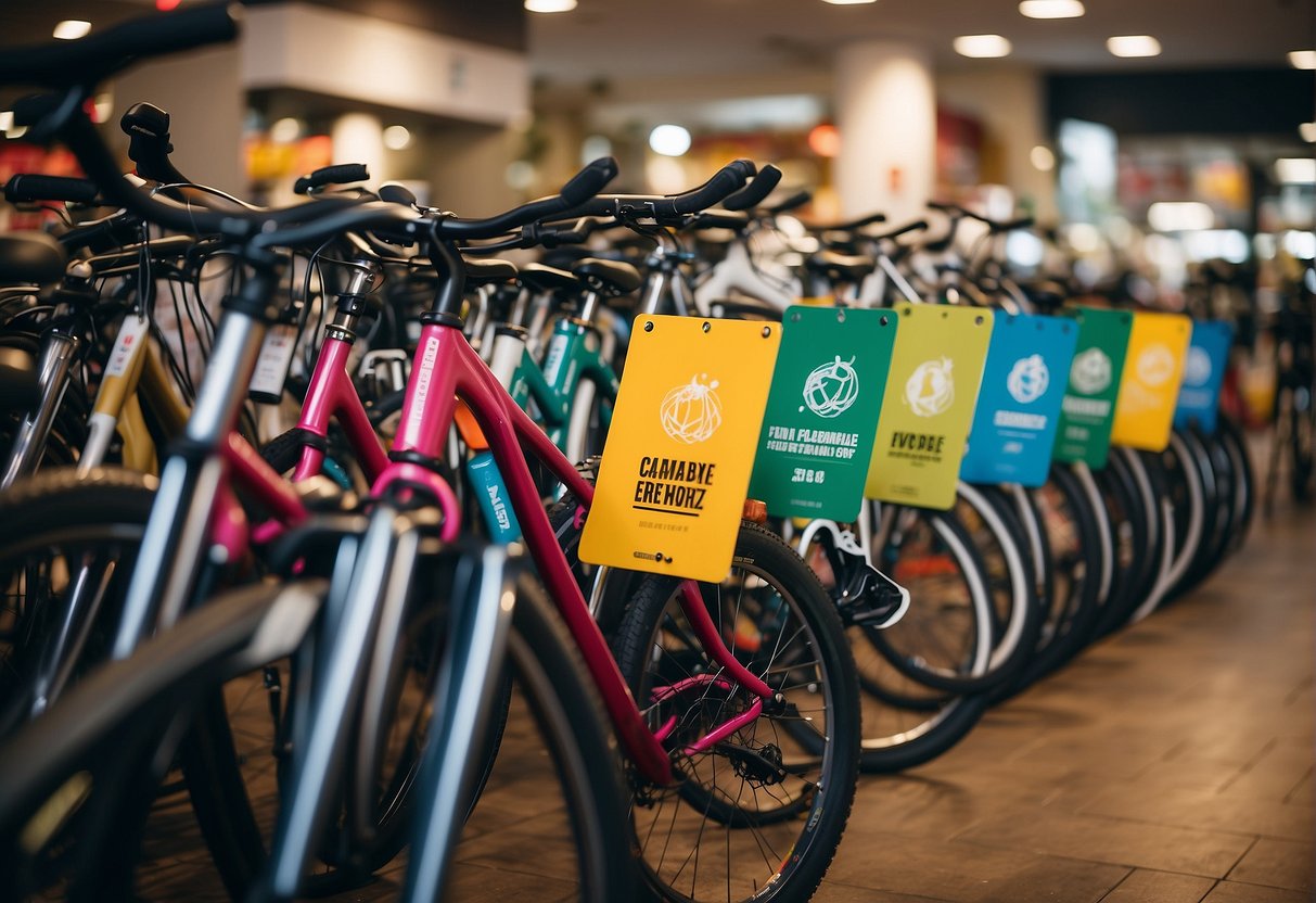 A colorful display of bicycles with promotional signs in a busy Singapore bike shop