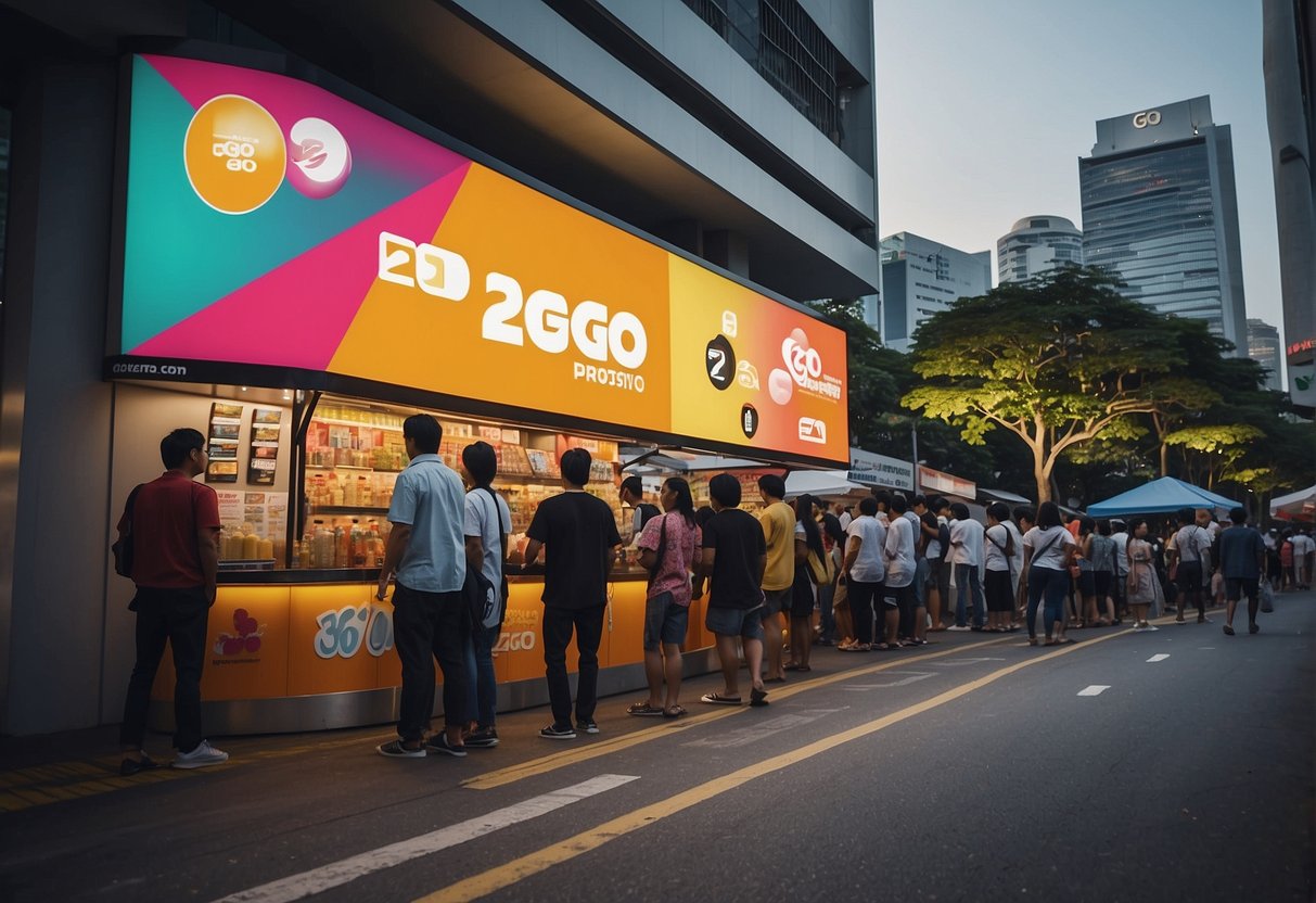 A busy street corner with people lining up at a 2go promotions booth in Singapore. Brightly colored signs and banners catch the eye